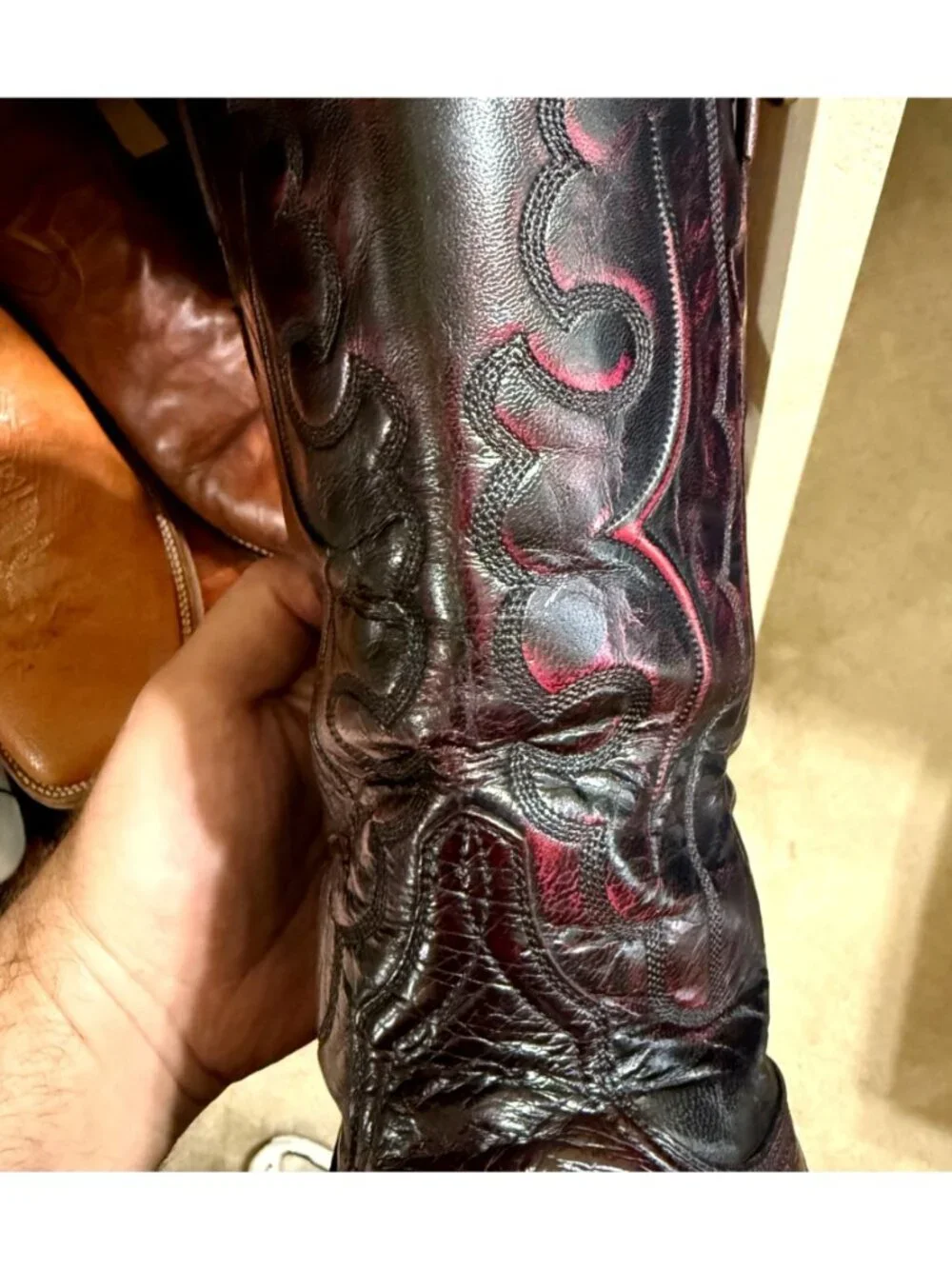 VTG Lucchese Classics Ostrich Cowboy Boots Men 12D Black Cherry Embossed Stitch